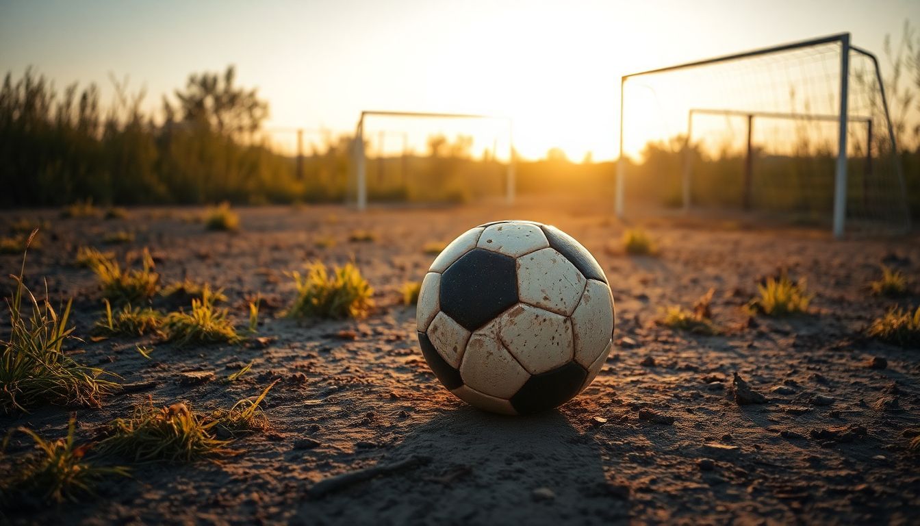 Een versleten voetbal op een verlaten veld in zacht avondlicht.