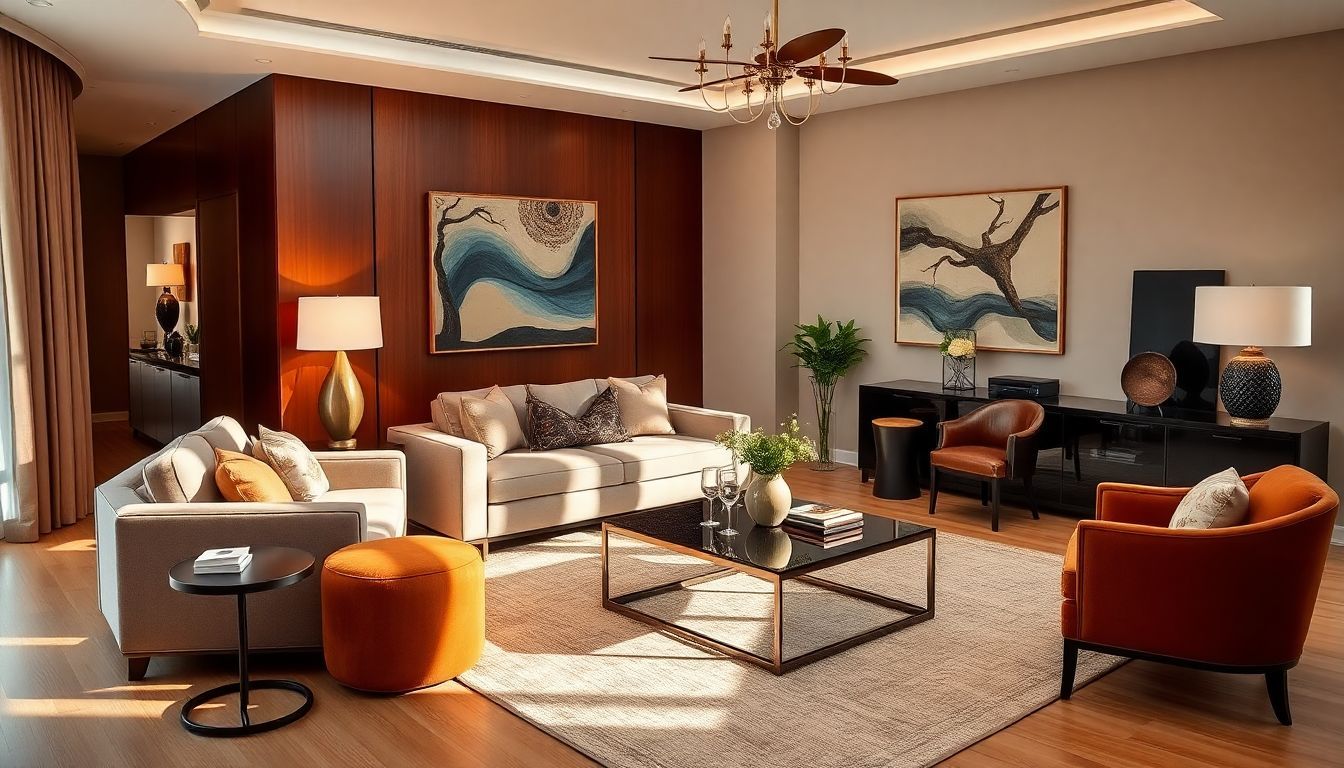 Elegante moderne woonkamer met luxe meubels en stijlvolle decoratie.
