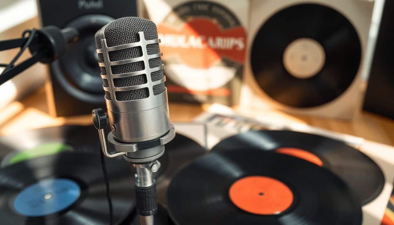 Een oude microfoon tussen vintage muziekplaten in een opnamestudio.