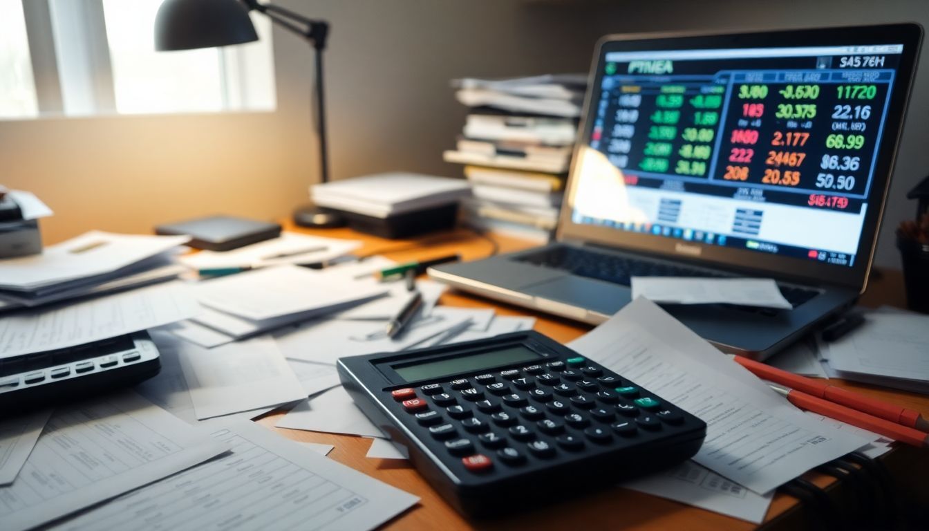 Een rommelig bureau met financiële documenten, een rekenmachine en een laptop met wisselende aandelenkoersen.