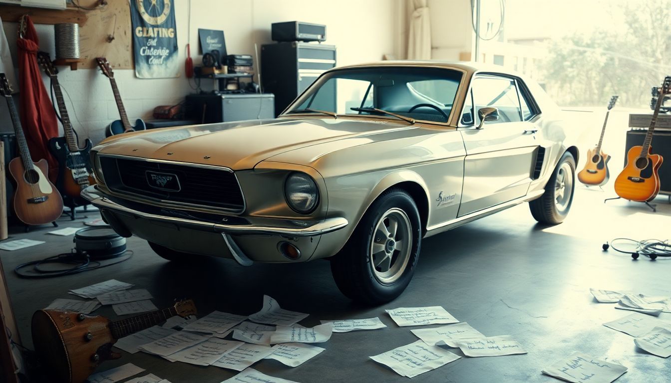 Een oude Ford Mustang Fastback geparkeerd in een garage met muziekinstrumenten.