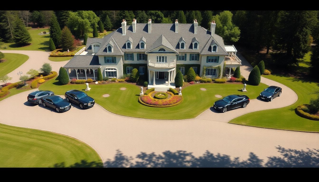 Een grote, elegante villa met luxe auto's op de oprit.