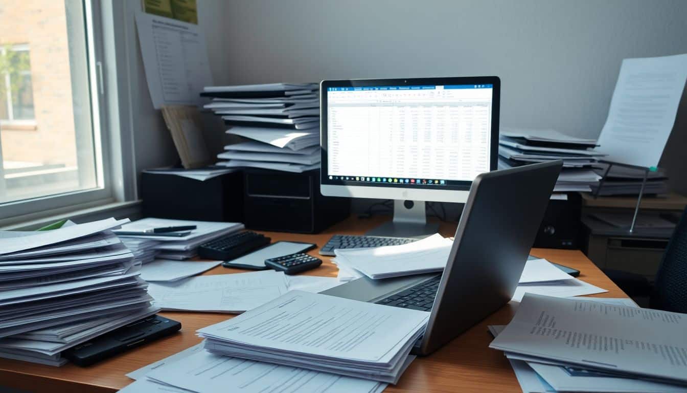 Een rommelig kantoorbureau met financiële documenten, een rekenmachine en een laptop.