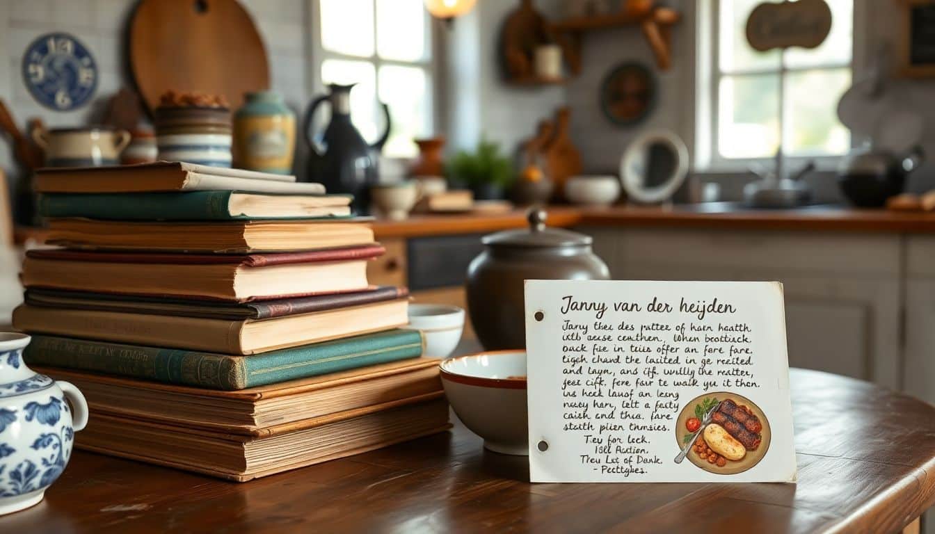 Een rustieke keuken met vintage kookboeken, traditioneel Nederlands aardewerk en een handgeschreven receptkaart.