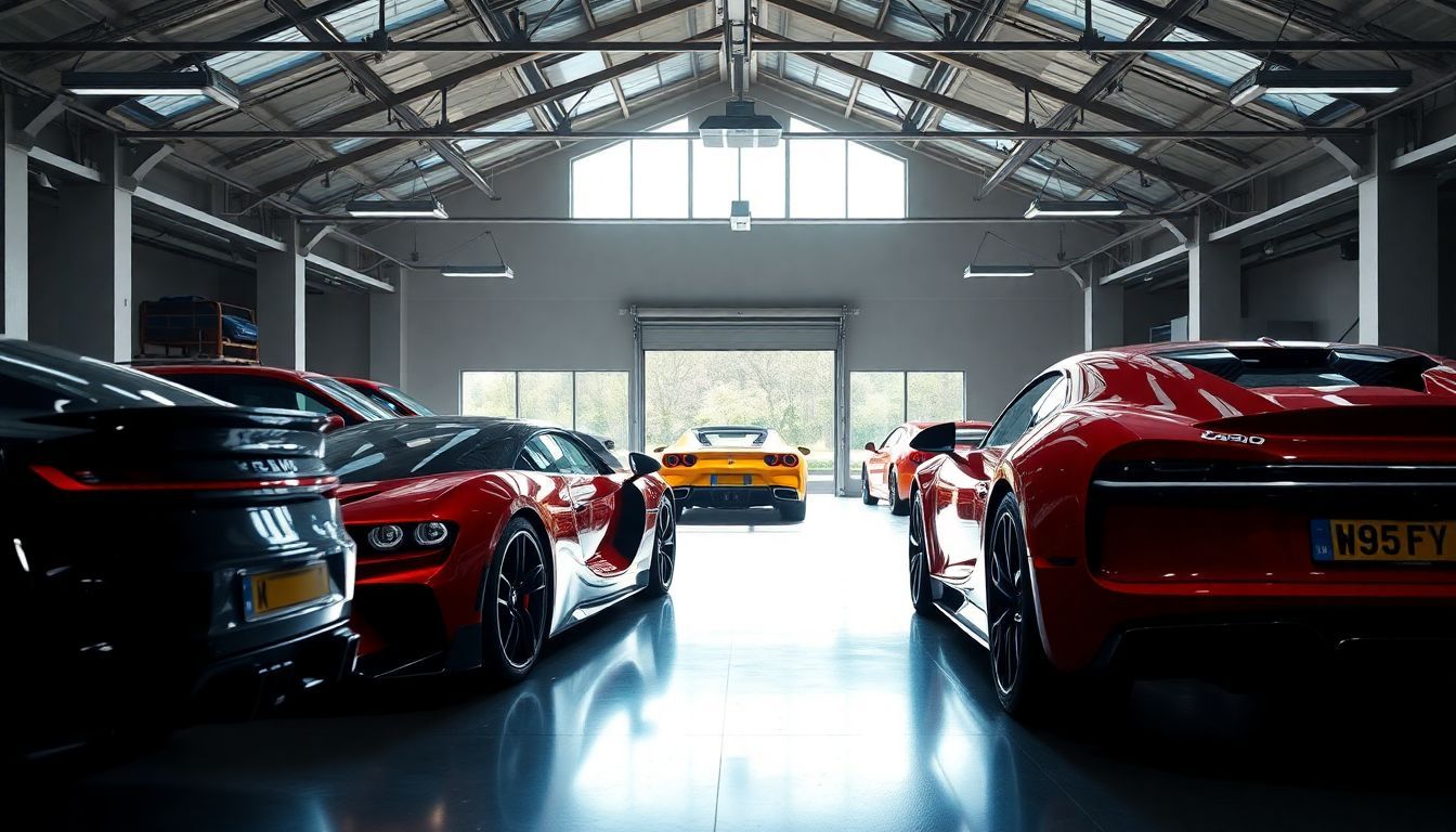 Een luxe garage met verzameling exclusieve auto's, waaronder een glanzende Bugatti Chiron.
