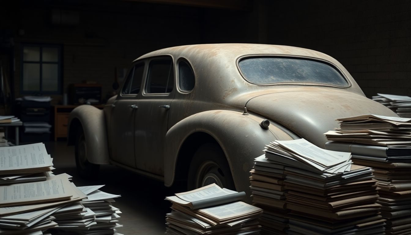 Een oude, stoffige antieke auto in een donkere garage met financiële documenten en investeringsboeken.