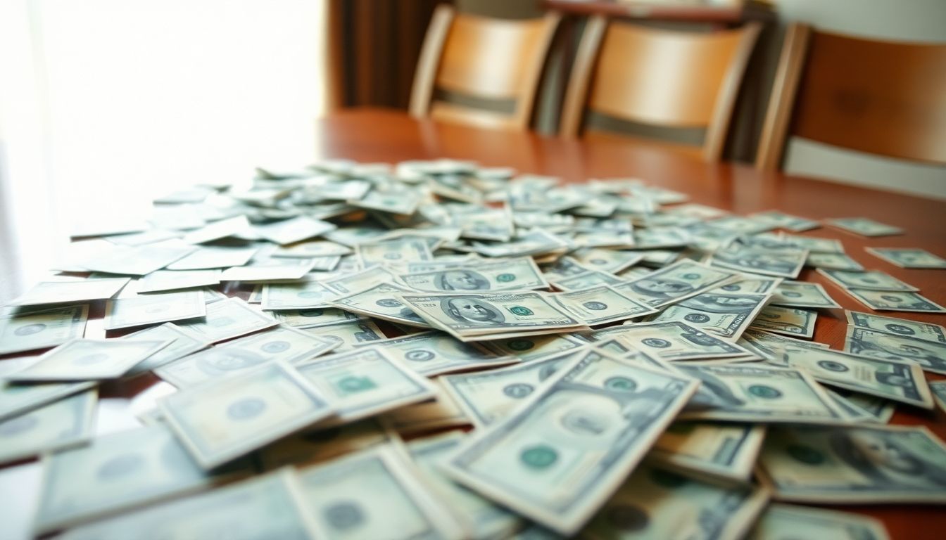 Een tafel met verspreide dollarbiljetten, verwijzend naar financiële complicaties.