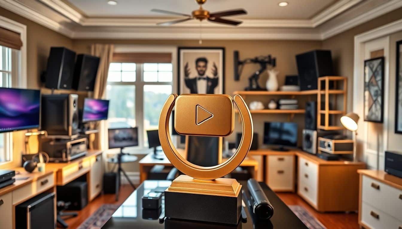 Een luxe thuiskantoor met high-end apparatuur en een YouTube-play-knop trofee.
