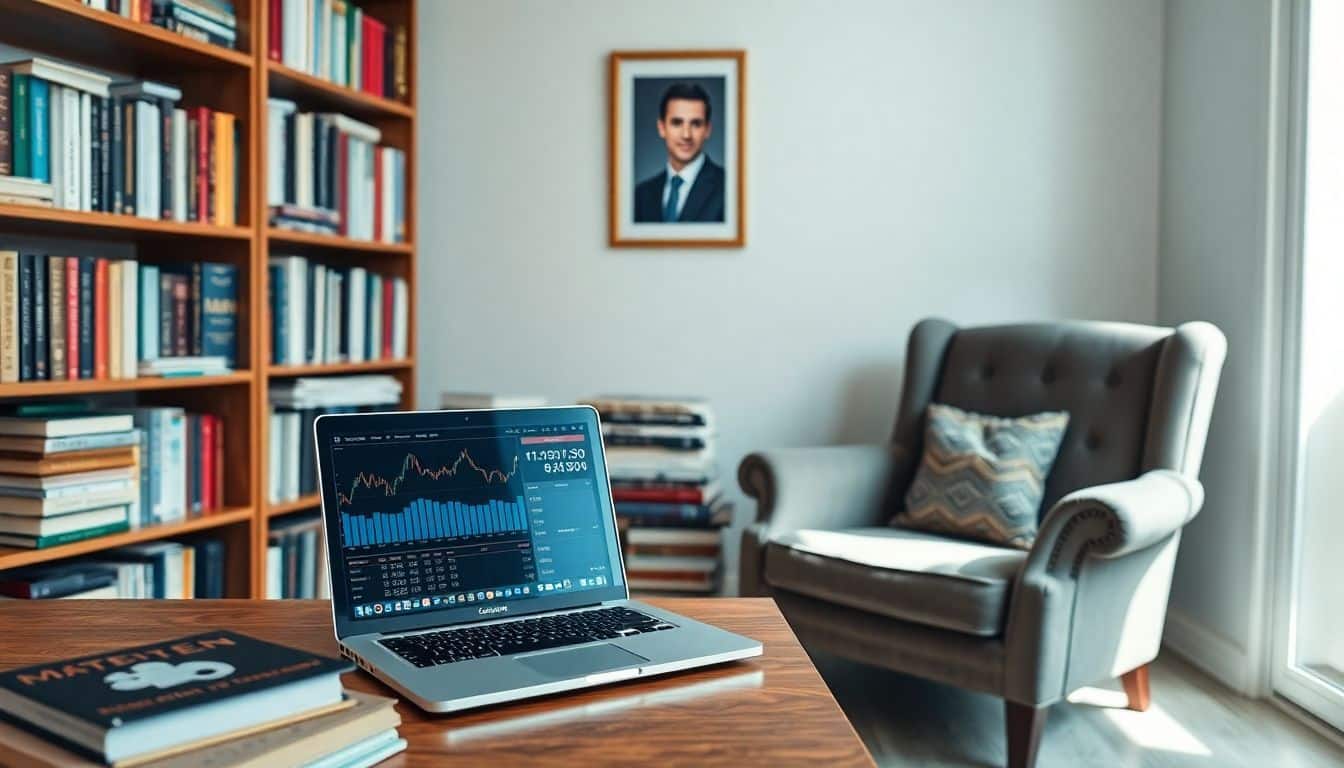 Een huiselijke studeerkamer met boeken, laptop en foto van Maarten van Rossem.