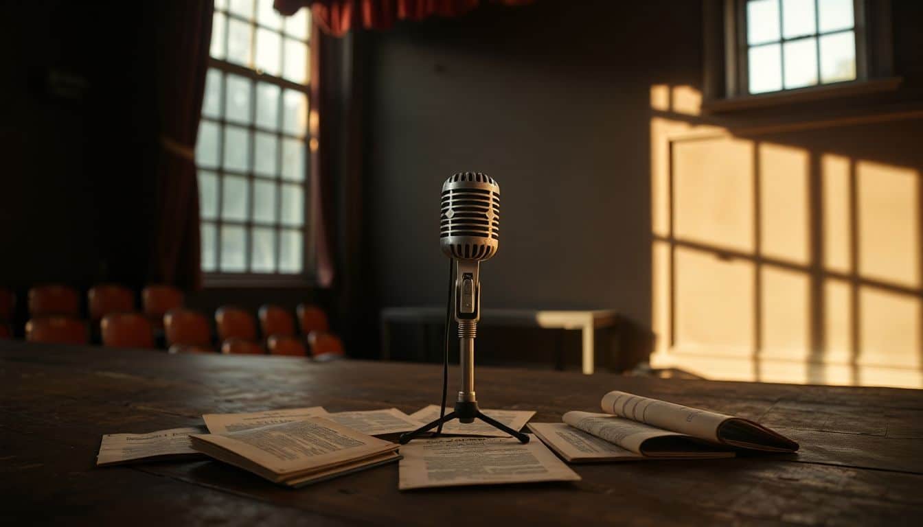 Een oude theaterpodium met vintage microfoon en scripts.