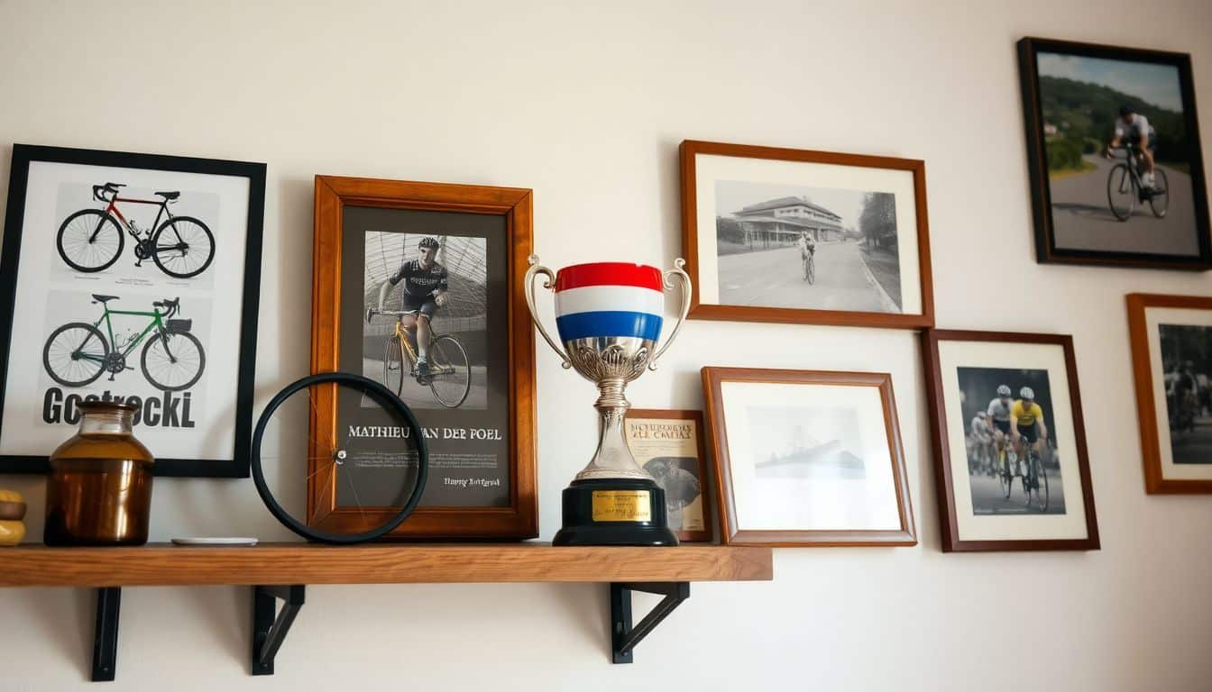 Een Nederlandse fiets trofee op een houten plank met fiets memorabilia.