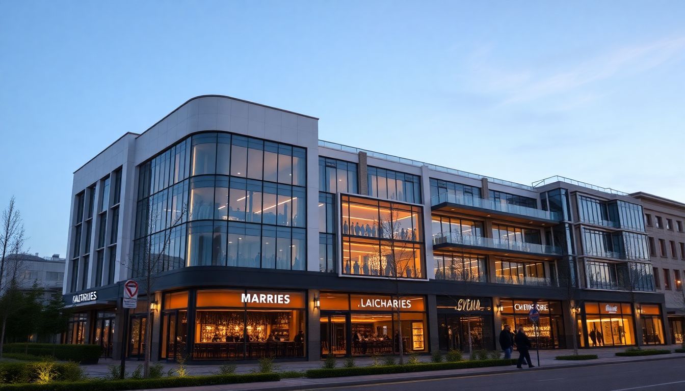 Een grote moderne commerciële eigendom met chique winkels en bars.