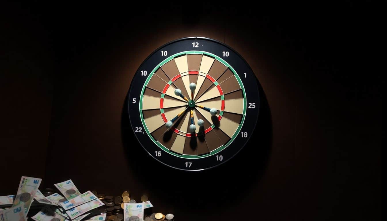 Een donkere kamer met een dartbord, eurobiljetten en pondmunten.