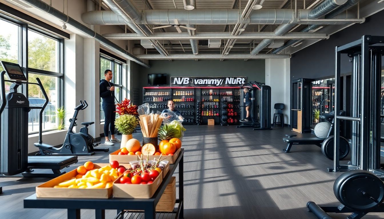 Een moderne sportschool met fitnessapparatuur en gezonde voedingsopties.