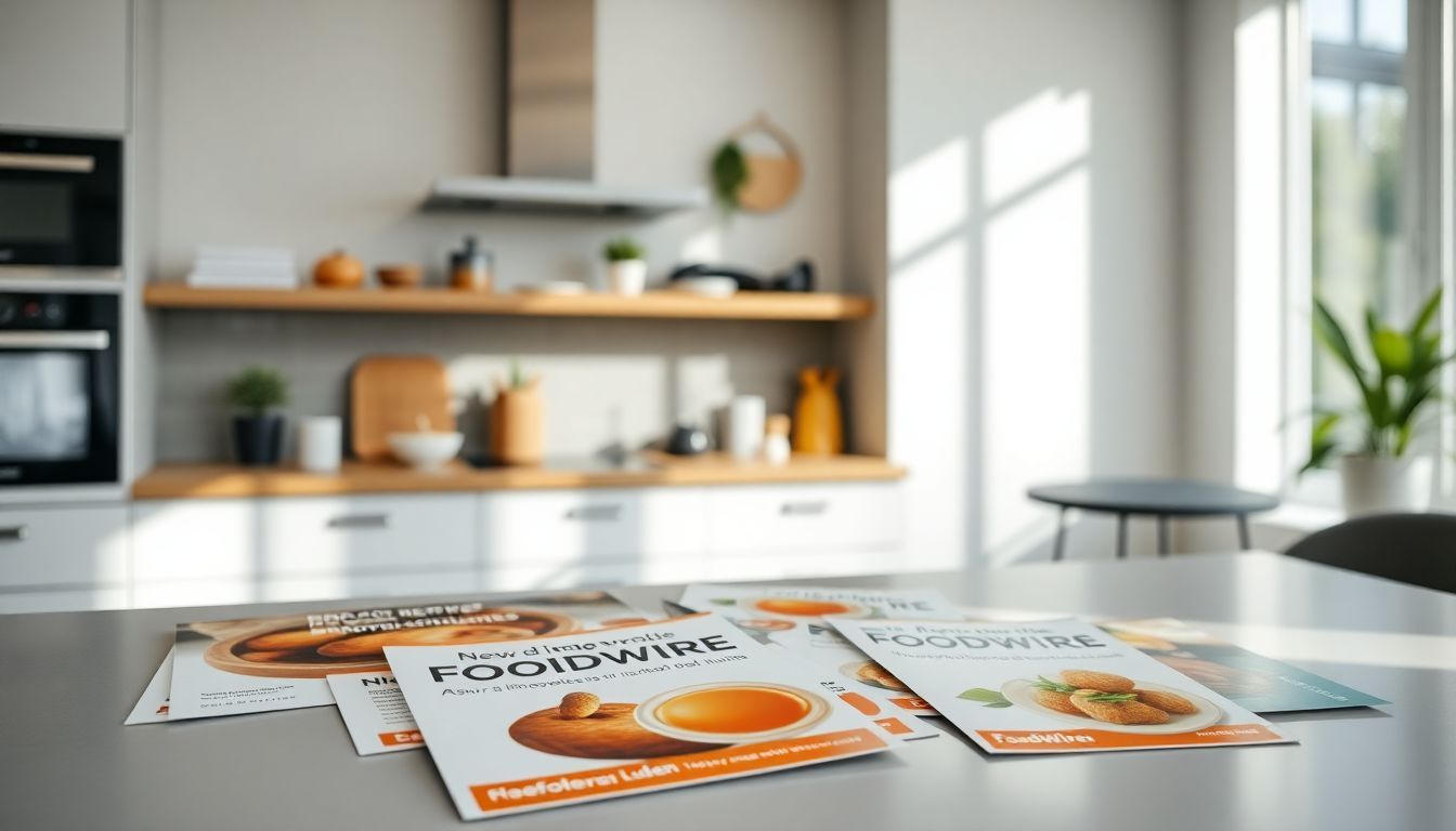 Een moderne keuken met Foodwire digitale promotiematerialen op de toonbank.