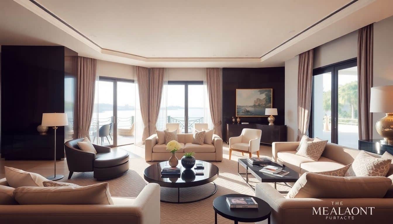 Een luxueuze villa met moderne meubels en elegante inrichting.