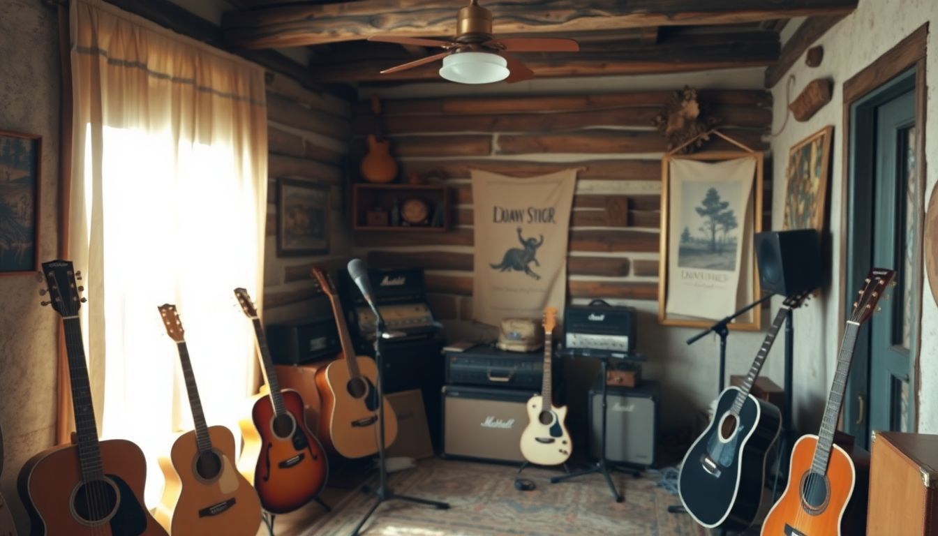 Een rustieke, bohemien-stijl opnamestudio met vintage muziekinstrumenten.