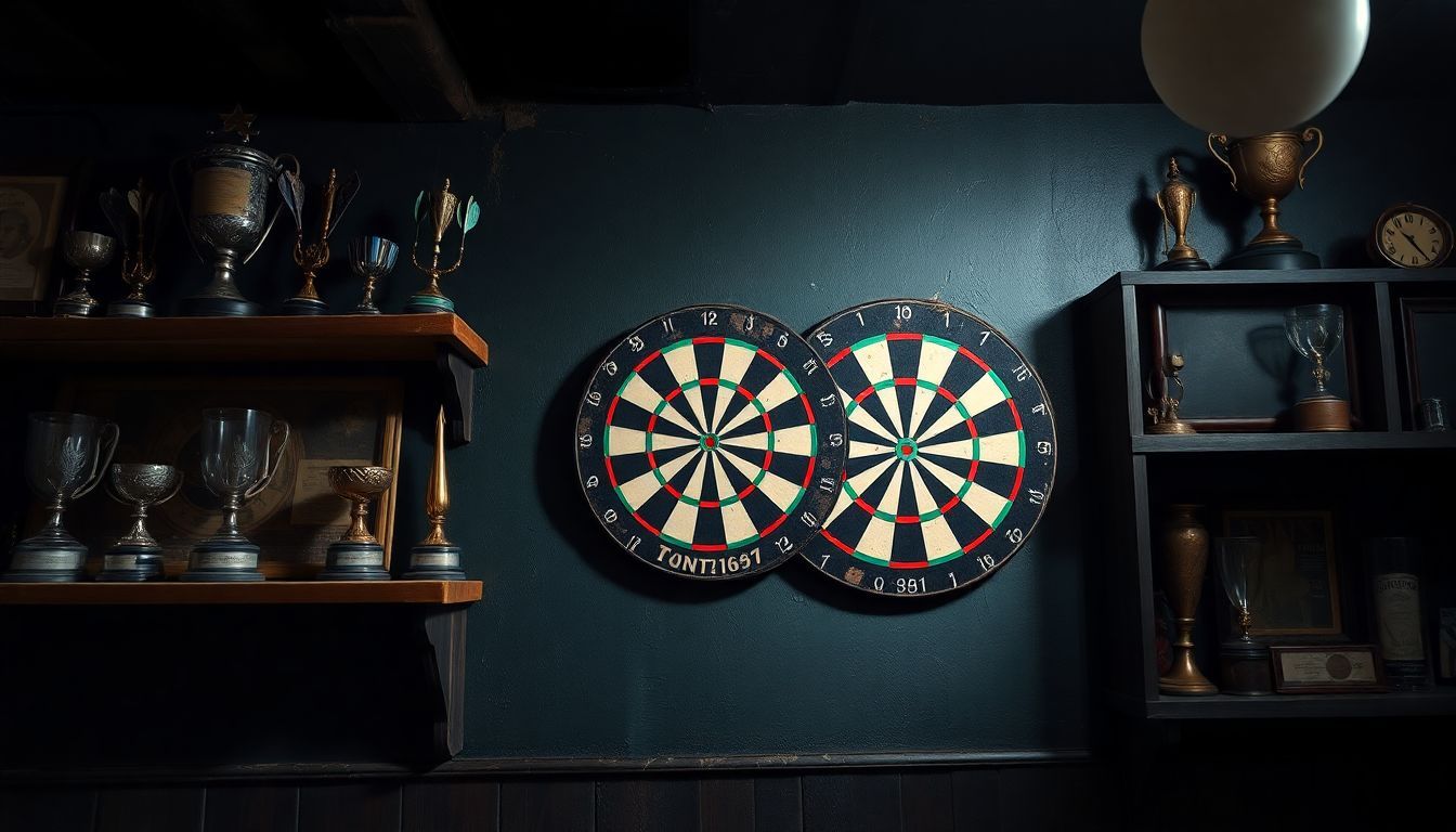 Een versleten dartbord hangt in een gezellige bar met trofeeën.