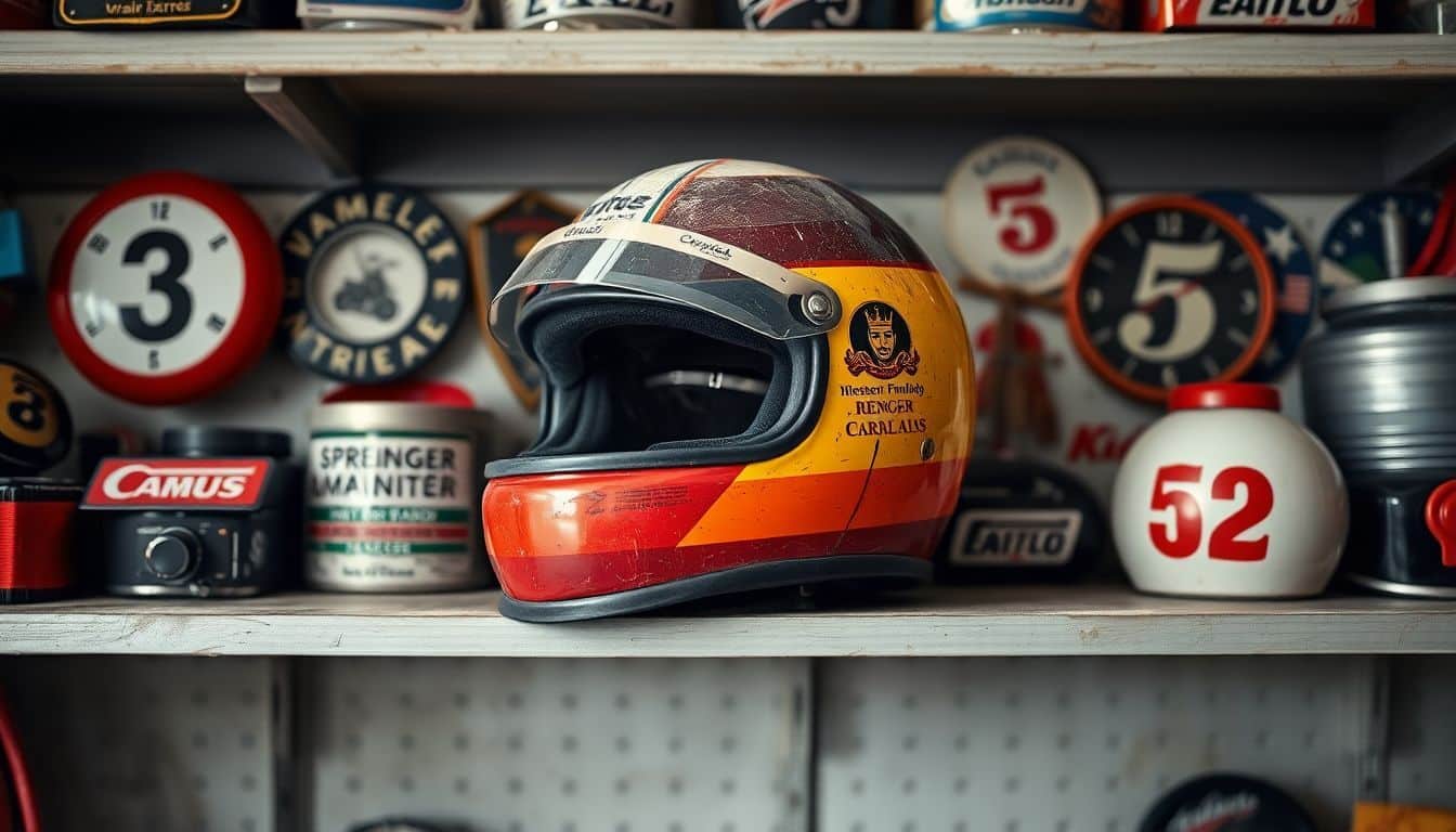 Een verweerde racehelm rust op een stoffige plank in een rommelige garage.