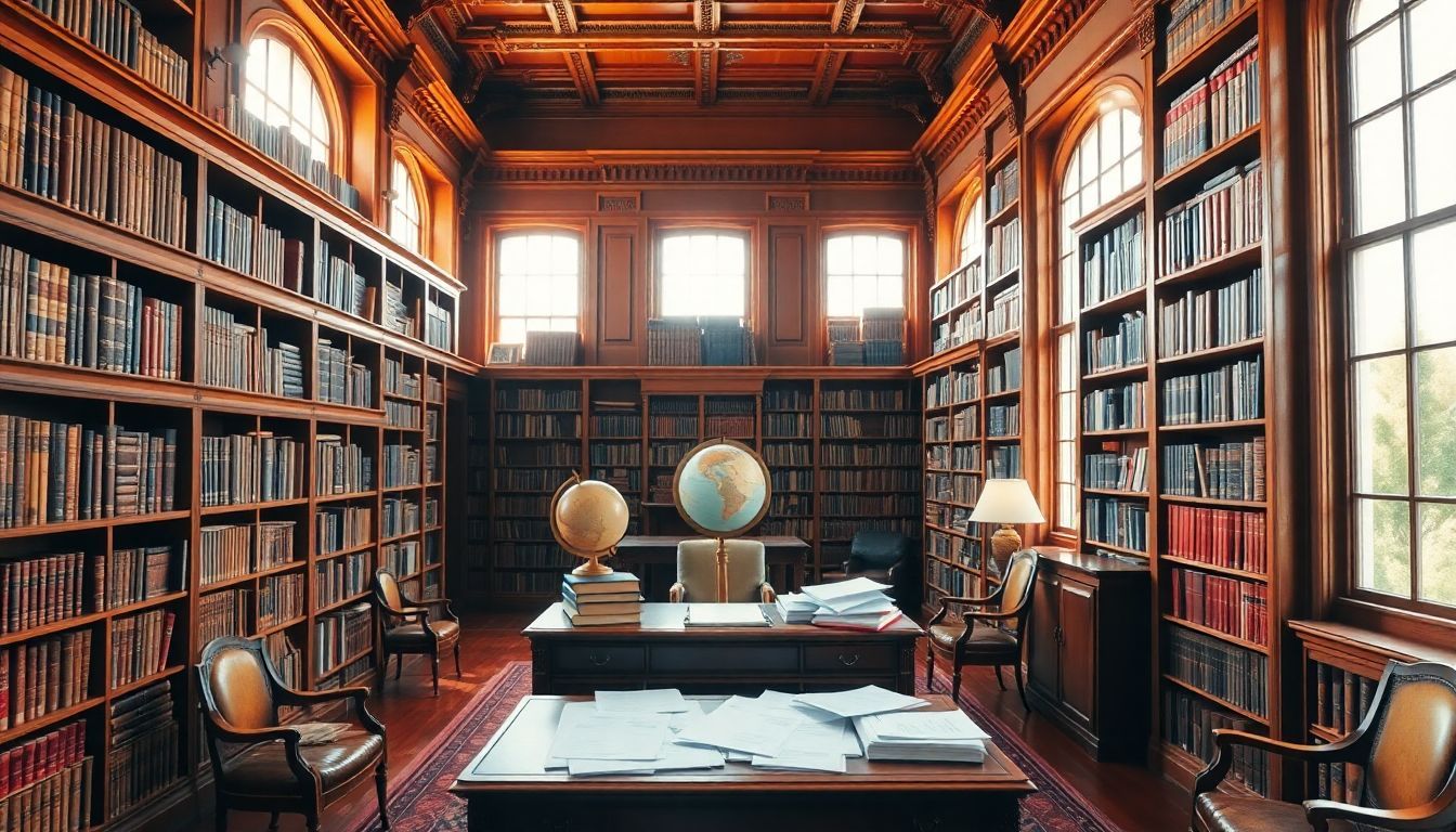 Een grandioze bibliotheek gevuld met antieke boeken, een vintage globe en een bureau.