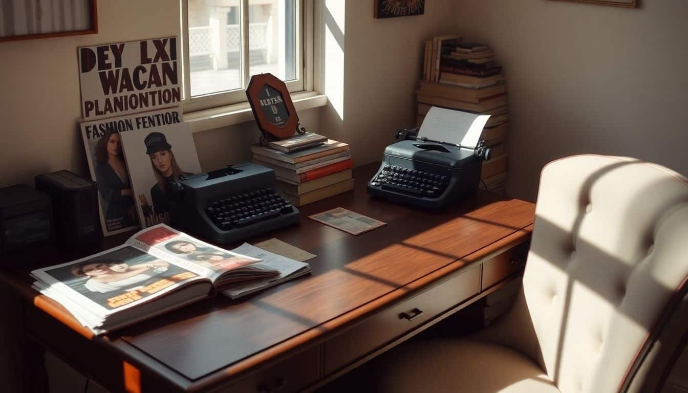 Een rommelig vintage schrijfbureau met modebladen, een typemachine en boeken.