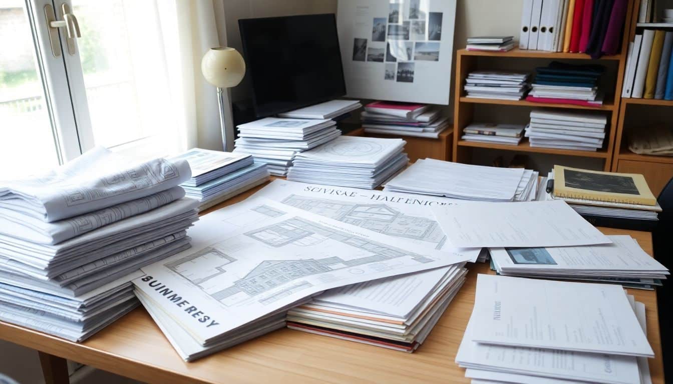 Een rommelig bureau met architectonische blauwdrukken, stoffenstaaltjes en financiële rapporten.
