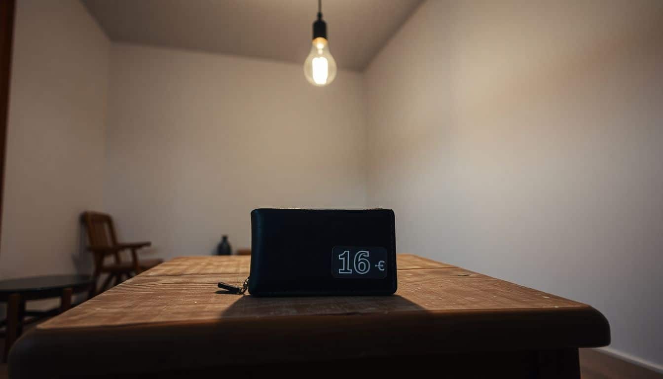 Een eenvoudige kamer met een oude portemonnee met 15 euro.
