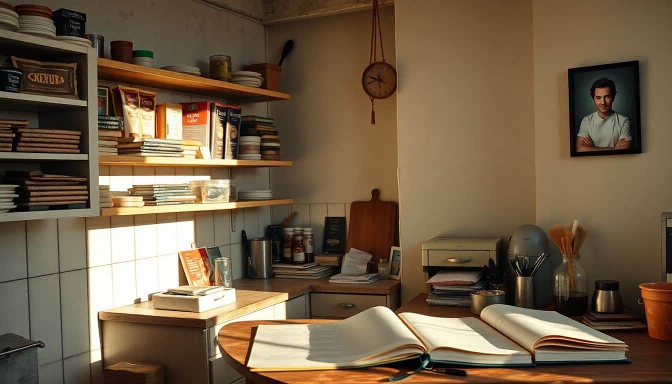Een gezellige keuken met chocoladeproducten en een foto van Teun van de Keuken.
