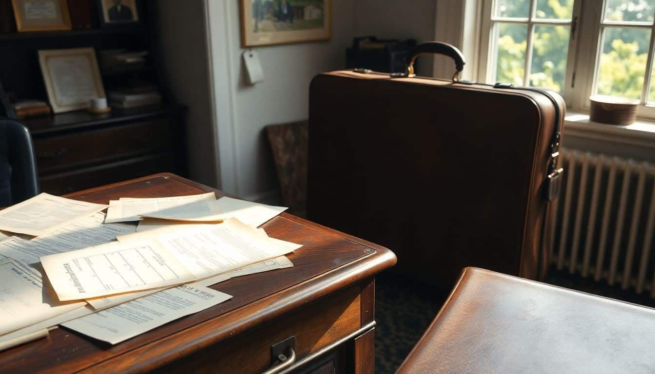 Een antiek bureau met oude financiële documenten en een vintage lederen aktetas.