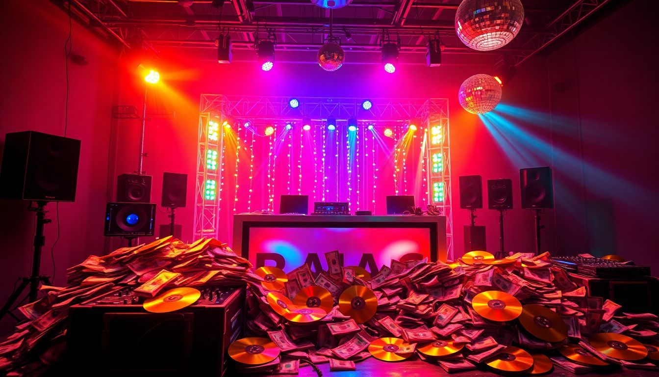Een levendige DJ-booth met geld, gouden platen en muziekapparatuur.