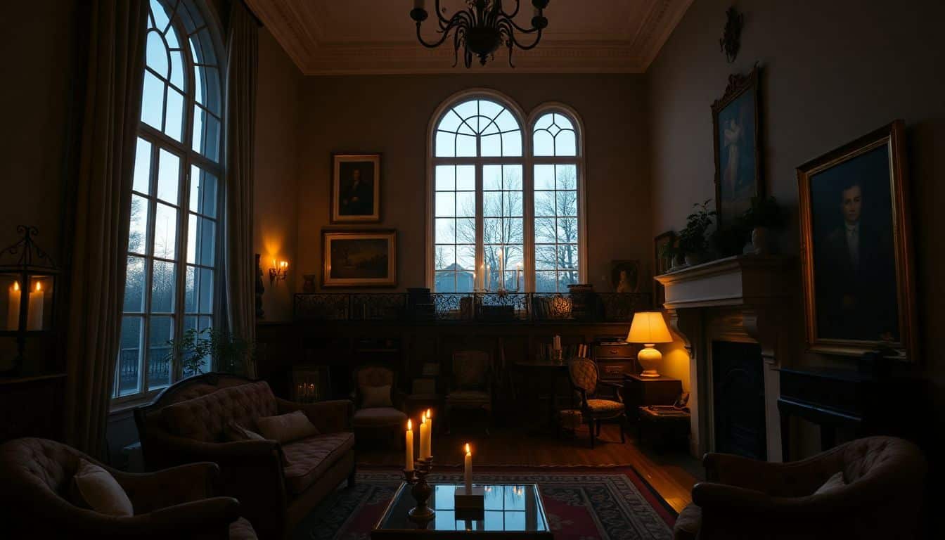 Een elegant Nederlands herenhuis met luxueuze meubels en warme kaarsverlichting.