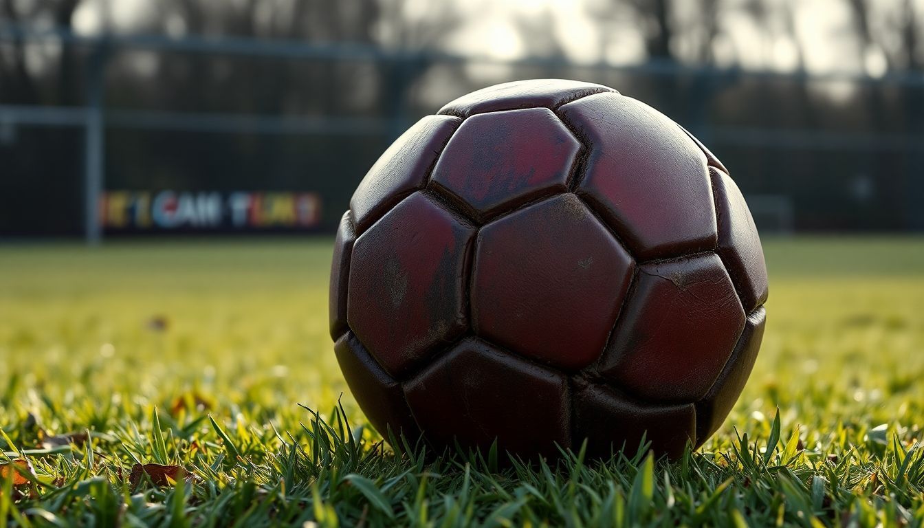 Een oude, versleten leren voetbal op een grasveld, symbool voor de coachingscarrière van Louis van Gaal.
