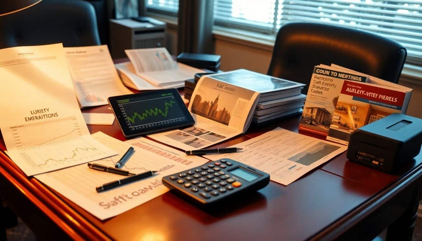 Een luxe kantoor bureau met financiële documenten en grafieken.