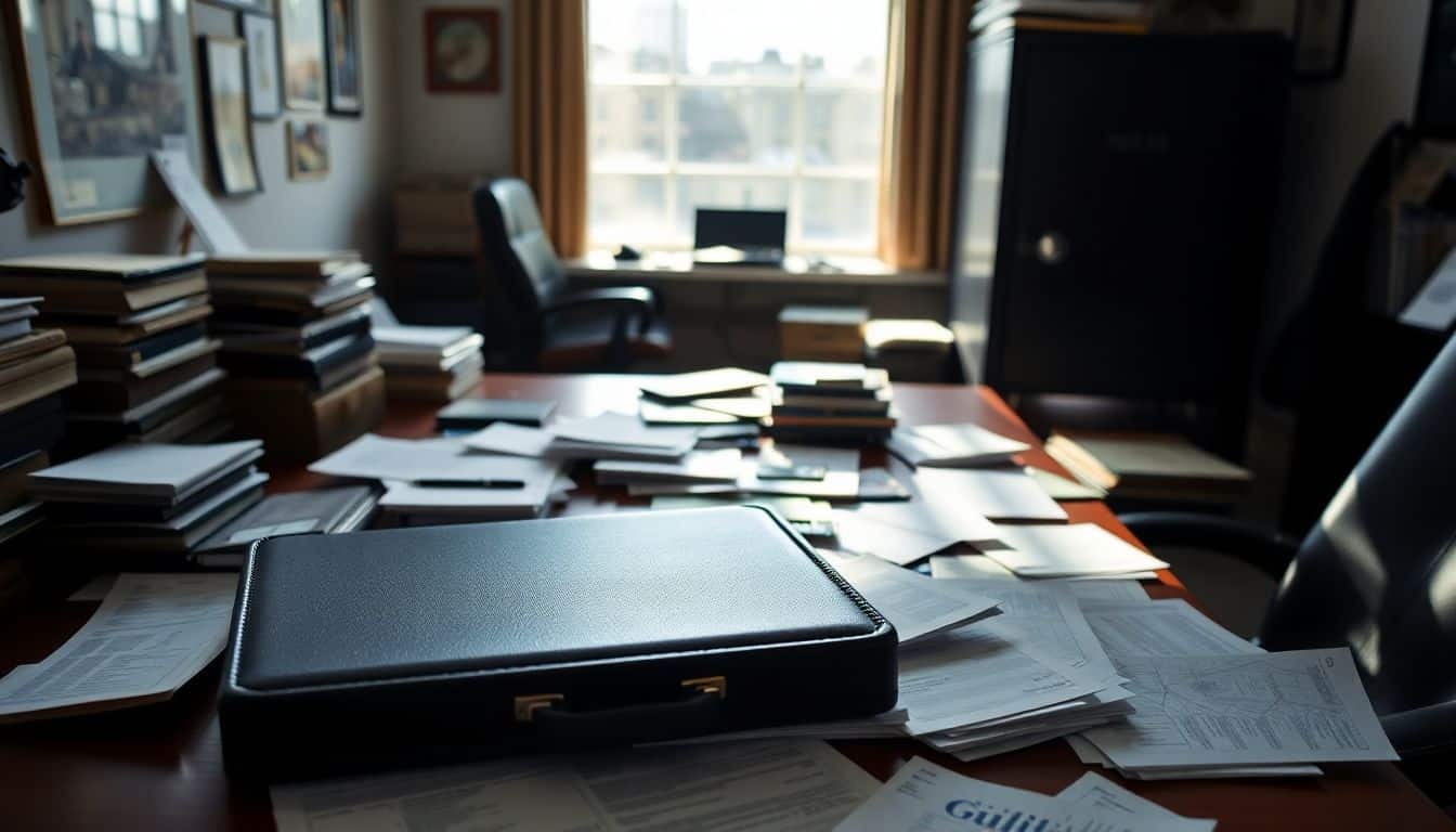 Een rommelig kantoorbureau met financiële documenten, een kluis en een aktetas.