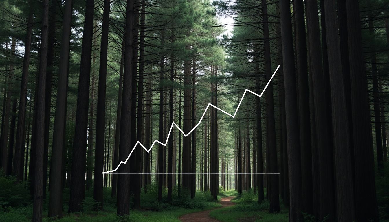 Een financiële grafiek superimposed op een dicht bos, vertegenwoordigt de prestaties van Floris Tieleman in bosbouw en financiën.