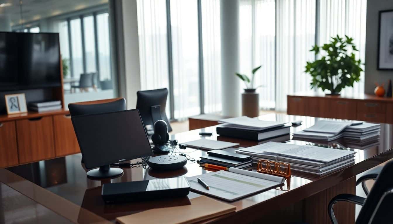 Een luxe kantoor met moderne technologie en financiële documenten.