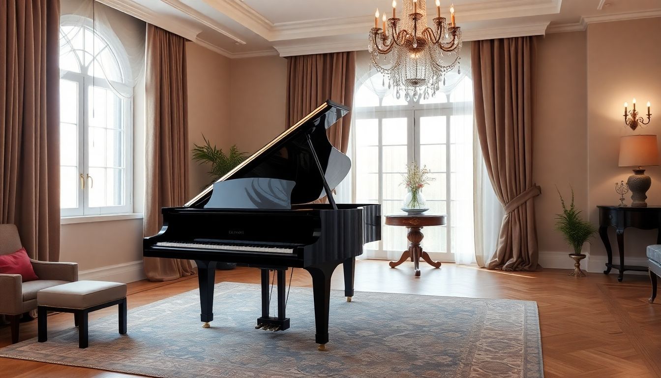 Een elegante vleugel in een luxueuze woonkamer.