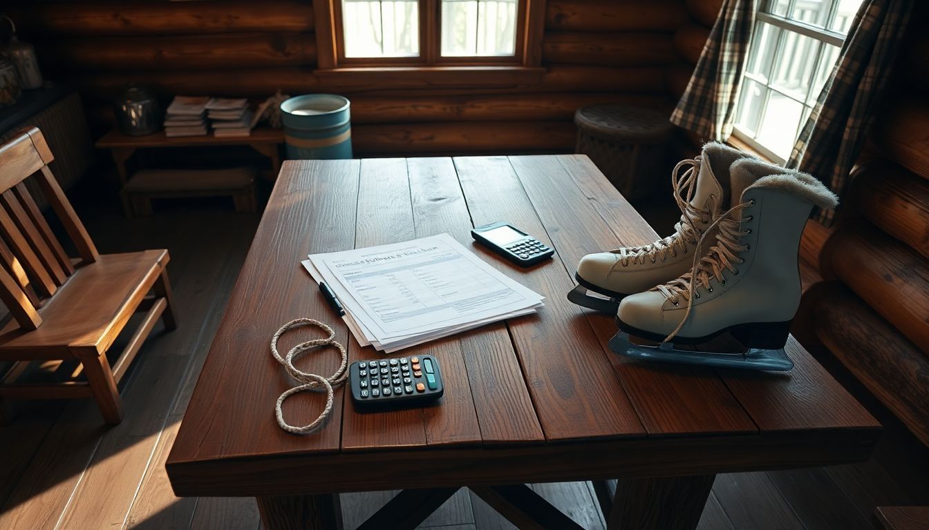 Een stapel financiële documenten, een rekenmachine en een paar schaatsen op een houten tafel in een gezellige hut.