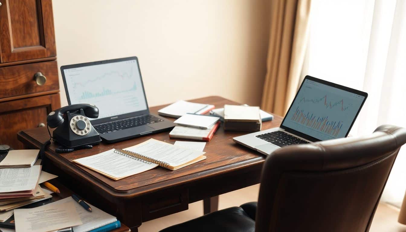Een rommelig bureau met laptop en telefoon in een zacht verlichte kamer.