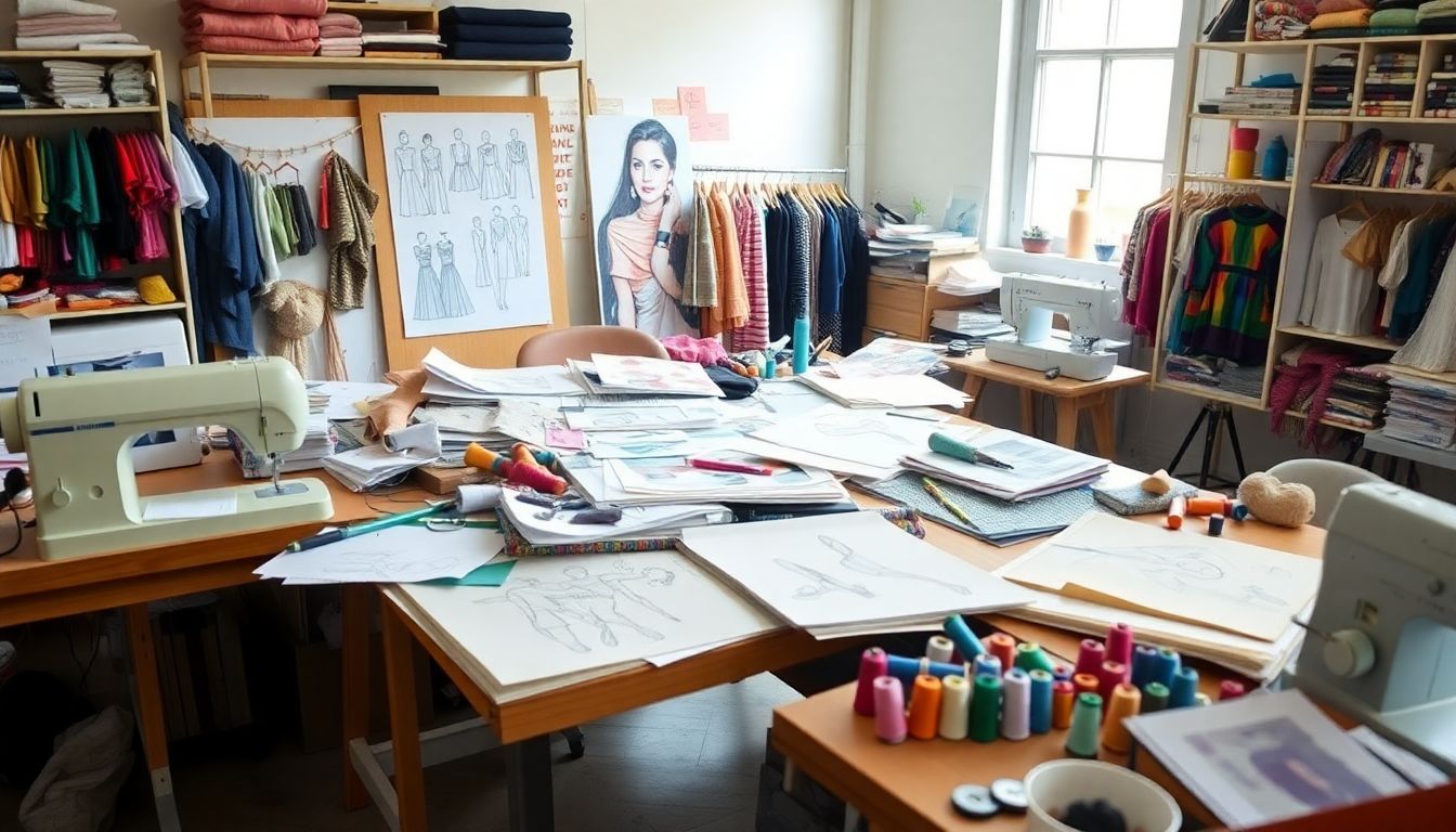 Een rommelige werkruimte van een Nederlandse modeontwerper met schetsen en stoffen.
