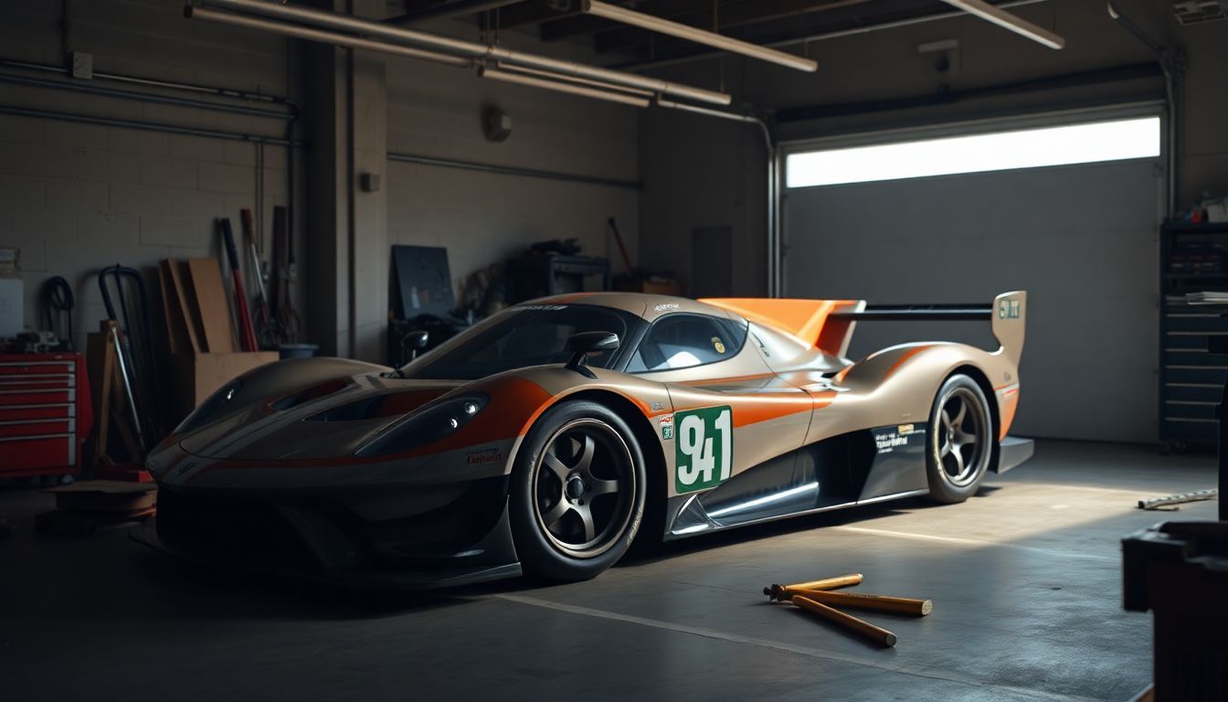 Een succesvolle coureur en investeerder met zijn racewagen in de garage.