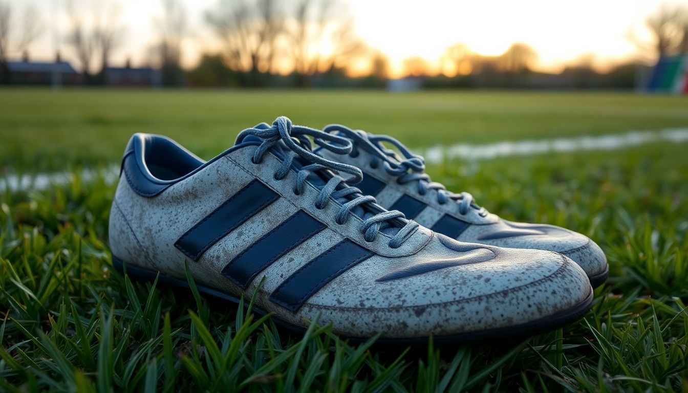 Een versleten paar voetbalschoenen op een veld bij zonsondergang.