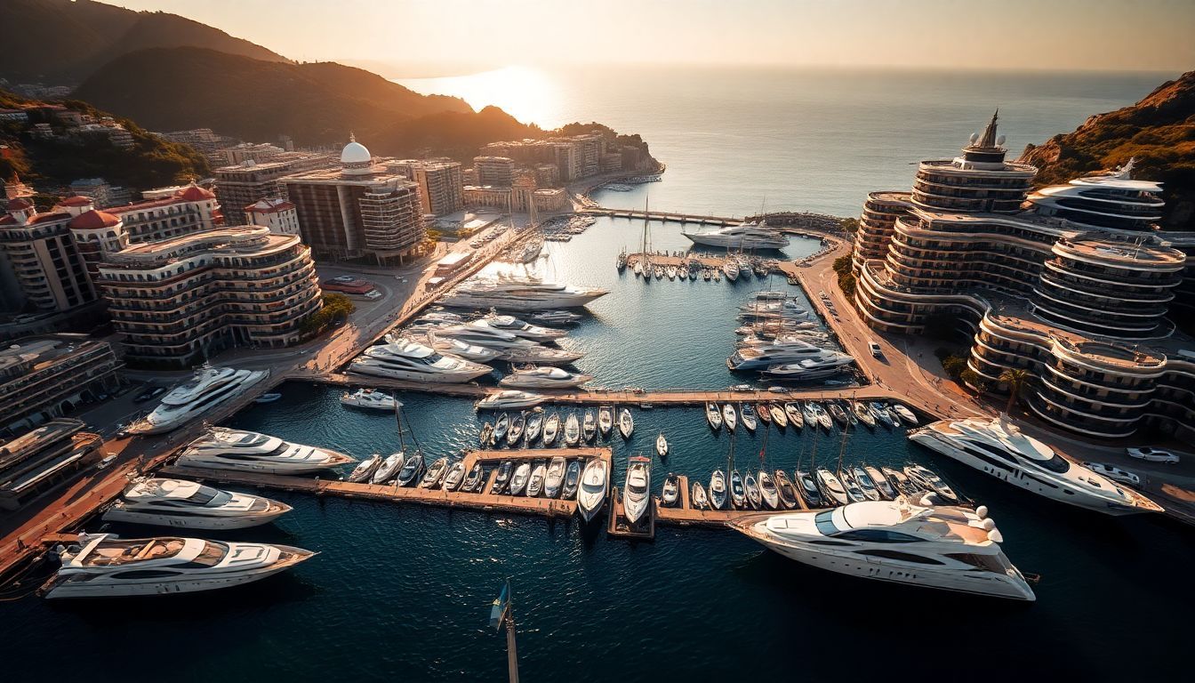 Een luchtfoto van de haven van Monaco toont luxe jachten en landhuizen.