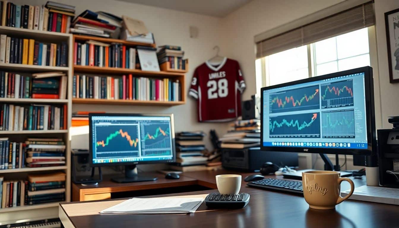 Een rommelig thuiskantoor met financiële boeken, een computer en een voetbalshirt.