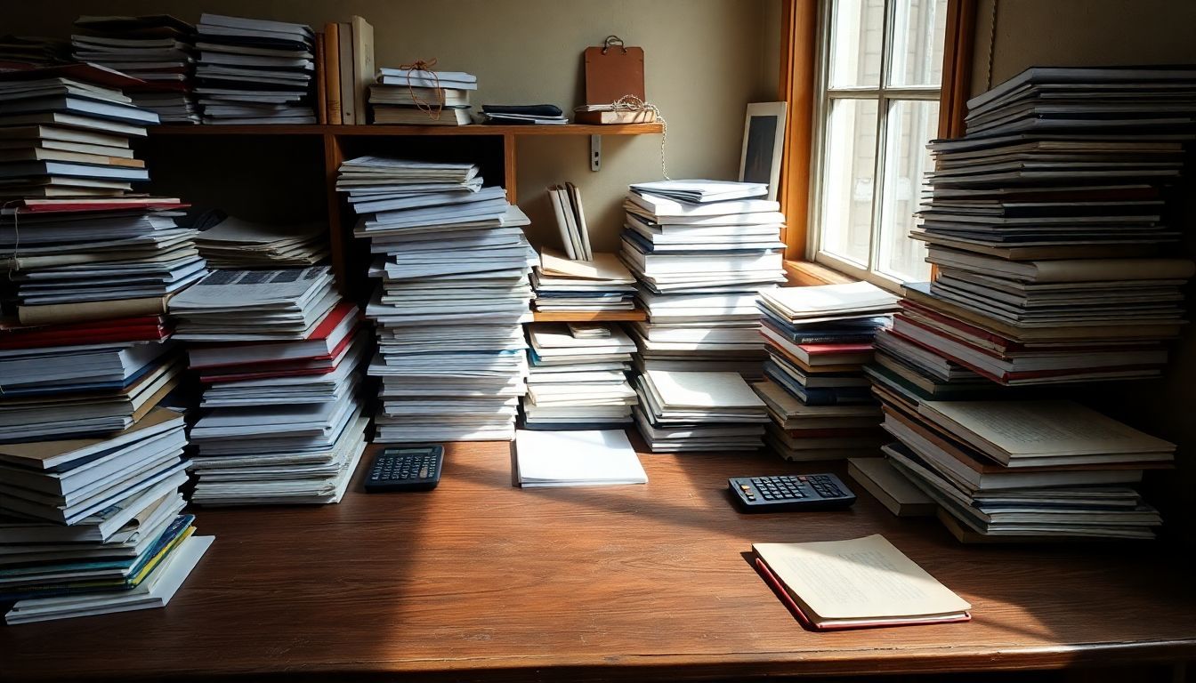 Een oude houten bureau vol met boeken, papieren en een rekenmachine.
