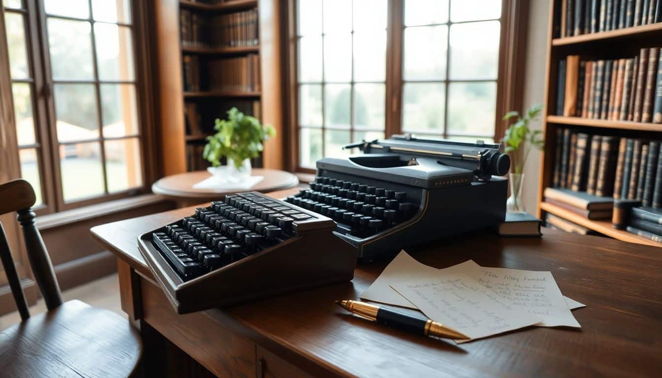 Een rustiek kantoor met een ouderwetse typemachine en boekenkast.